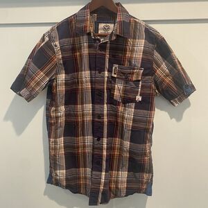 Parish Nation Plaid Button Shirt Mens‎ Large Brown Blue Y2K Streetwear